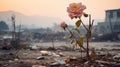 A pink rose is growing out of a pile of rubble, AI