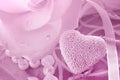 Pink rose, heart and pearls Royalty Free Stock Photo