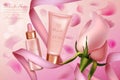 Pink rose luxury cosmetics vector illustration, beauty cosmetic product promo poster with skin care cream serum in glass