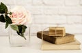 Pink Rose Mock Up. Old Books and Cookies. Styled Stock Photography. Floral Styled Wall Mockup, Valentine Mother Day Holiday