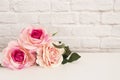 Pink Rose Mock Up. Styled Stock Photography. Floral Styled Wall Mock Up. Rose Flower Mockup, Valentine Mothers Day Card, Giftcard, Royalty Free Stock Photo