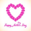 Pink rose mother Day Heart Made of purple Roses on White Background.