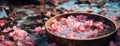 Pink rose petals, cherry blossoms or sakura in wooden tub on stone with water ripples. Generative Ai. Royalty Free Stock Photo