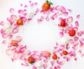 A frame with pink rose petals, sugar stars, strawberries, merenges and french macarons on white background. Square, copy space. Royalty Free Stock Photo