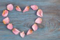 Pink rose petals imaging heart shape on blue wooden board Royalty Free Stock Photo