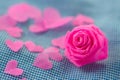 Pink rose and small hart on blue cloth background for Valentine