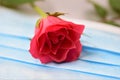 Close up of a pink rose on a surgical mask