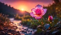 Pink rose to the river of a river illuminated by the sun at dawn Royalty Free Stock Photo