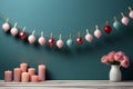 Pink rose vase and pink candles under a garland of ornaments, AI-generated