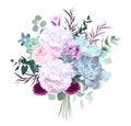 Pink rose, white hydrangea, purple carnation, dark orchid, succu