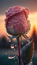 Pink rosebud with drops of water, frozen during a sunset. Royalty Free Stock Photo