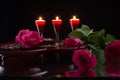 Pink roses and chocolate pastry on a heart shaped tray. Candles Royalty Free Stock Photo