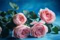 Pink roses blue background flower. Generate Ai