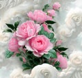 Pink roses bouquet and pearls on abstract white roses background Royalty Free Stock Photo