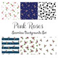 Pink roses bouquets pattern set, pink roses collection, and unfit colored cartoon illustration with tiny blue dots white backgroun