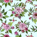 Pink roses floral design bouquets and foliage pastel over small black polka dot background seamless pattern Royalty Free Stock Photo