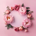 Pink roses in a circle design with copy space. Natural floral frame layout with pink background.