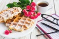 Pink roses, coffee, notebook, pensil and Belgium waffles