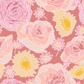 Pink roses and daisies on dust rose background, large scale seamless pattern. Soft lines and shapes. Royalty Free Stock Photo