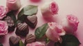 Pink Roses and Dark Chocolate Hearts on Pink Background Royalty Free Stock Photo