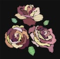 Pink roses in embroidery stitches style on black background Royalty Free Stock Photo