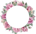 Pink roses and eucalyptus circle frame. Watercolor hand-drawn floral wedding frame. Valentine`s day template.