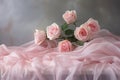 Pink roses on a pink fabric background. A bouquet of flowers, pink roses on soft silk, AI Generated