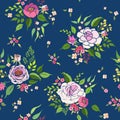 Pink roses floral design bouquets and foliage pastel over dark blue seamless pattern Royalty Free Stock Photo