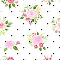 Pink Roses Floral Design Bouquets And Foliage Pastel Over Small Black Polka Dot Background Seamless Pattern
