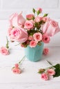 Pink roses flowers in blue cup against white wall. Royalty Free Stock Photo