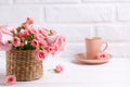 Pink roses flowers and cup of coffee against white brick wall. Royalty Free Stock Photo