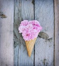 Pink roses flowers in ice cream cone on rustic wooden background Royalty Free Stock Photo