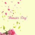 Pink roses flowers petal on paste green yellow light color with 8 March women day element greetings card banner template co