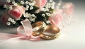 Pink roses and flowers tied with ribbon and two golden wedding ring on white background. Generative AI Royalty Free Stock Photo