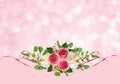 Pink roses, freesia flowers, eucalyptus leaves and satin ribbons Royalty Free Stock Photo