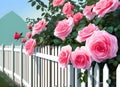 Pink roses in front of white picket fence Royalty Free Stock Photo