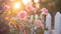 Pink roses growing along white picket fence, Pink roses growing on white picket fence Royalty Free Stock Photo