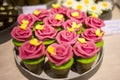 Pink roses hand made from sweets. Macro