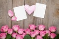 Pink roses, handmaded toy heart and valentines day blank greeting cards or photo frames Royalty Free Stock Photo