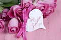 Pink Roses with Happy Valentines Day heart shape gift tag. Royalty Free Stock Photo