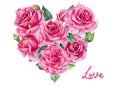 Pink roses, Heart of flower on white background, watercolor illustration, valentine's day Royalty Free Stock Photo