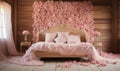 pink roses and heart made from rose petals on a wooden bed Royalty Free Stock Photo