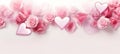 Pink roses and heart shapes on white background. Banner with copy space. Ideal for Valentines Day, anniversaries Royalty Free Stock Photo