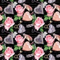 Pink roses, hearts, watercolor feathers, keys. Black background with hand written text. Seamless pattern in vintage