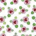 Pink roses and leafs cartoon vector illustration, oulined with white background, seamless pattern.