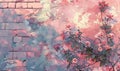 Pink roses on old white brick wall background with grunge texture. Copy space for text Royalty Free Stock Photo