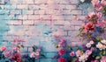 Pink roses on old white brick wall background with grunge texture. Copy space for text Royalty Free Stock Photo