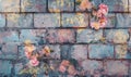 Pink roses on old white brick wall background with grunge texture. Copy space for text Royalty Free Stock Photo