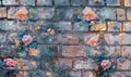 Pink roses on old white brick wall background with grunge texture. Copy space for text Royalty Free Stock Photo