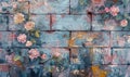 Pink roses on old white brick wall background with grunge texture. Copy space for text Royalty Free Stock Photo